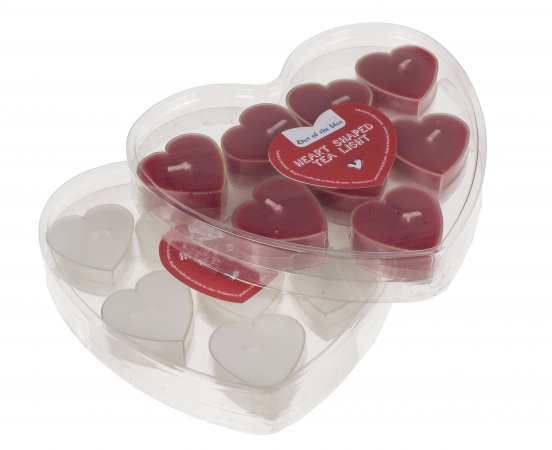 Teelichte in Herzform in Geschenkverpackung, 8er Set, rot oder weiß